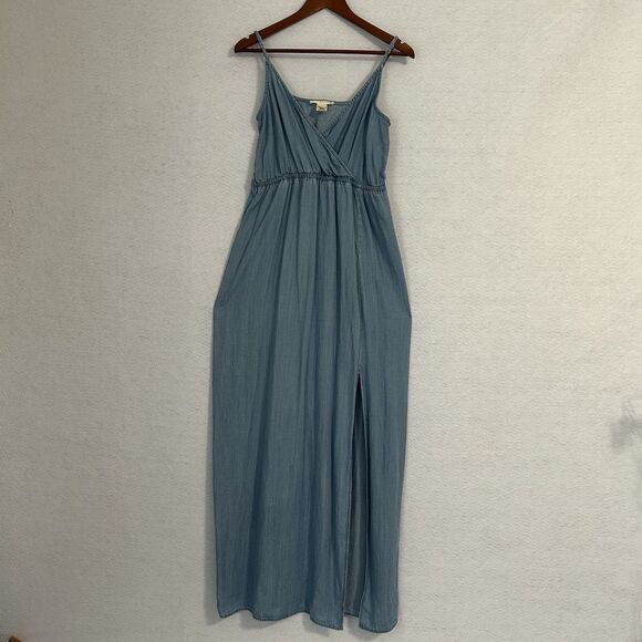 Lovestitch Sundress Women L Blue Chambray Maxi Straps Slit Preppy Boho Beach - Picture 11 of 12